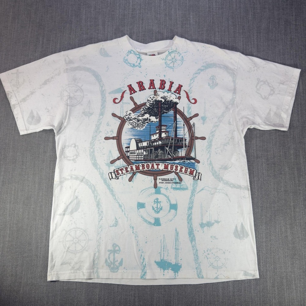 Vintage Arabia Steamboat Museum Shirt Mens XL White Nautical Graphic KC 1991 Tee